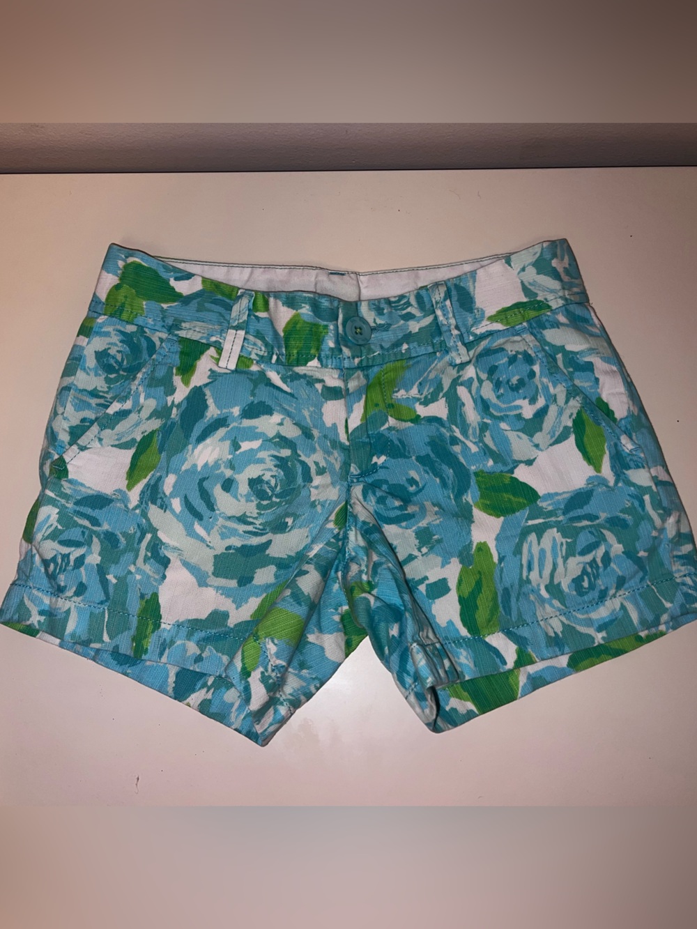 Lilly Pulitzer Aqua Floral Jean Shorts with Green Leaves